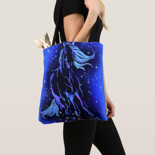 Horse Tote Bag Running In Blue Moonlight Night
