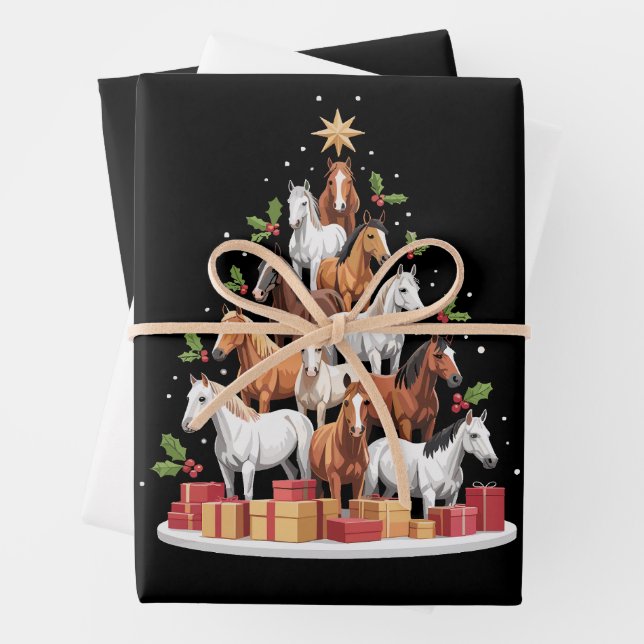 Horse Tree Christmas Horses Xmas Gifts Wrapping Paper Sheets (In situ)