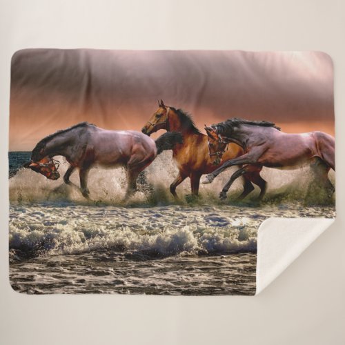 Horse Trio Running In Ocean Surf at Sunset Sherpa Blanket