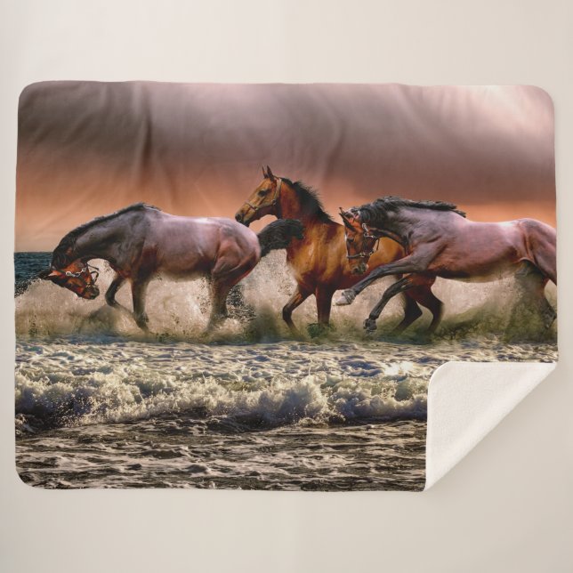 Horse Trio Running In Ocean Surf at Sunset Sherpa Blanket (Front (Horizontal))