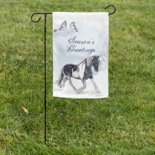Horse Trotting in the Snow Season's Greetings Garden Flag