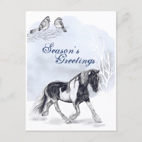 Horse Trotting in the Snow Seasons Greetings Holiday Postcard