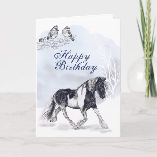 Horse Trotting in the Snow Winter Birthday Card (Front)