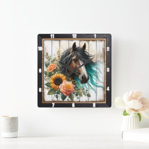 Horse Turquoise Mane Floral Square Wall Clock