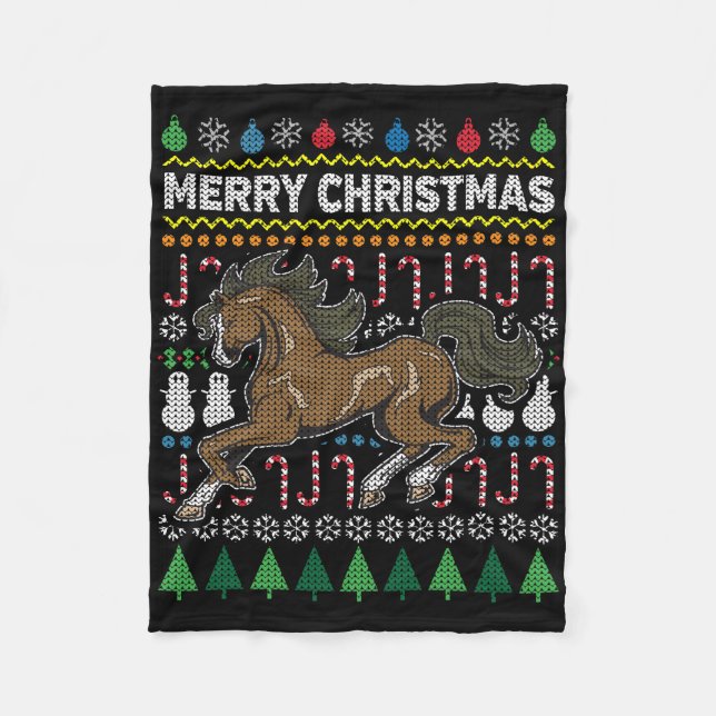 Horse Ugly Christmas Sweater Wildlife Series Fleece Blanket (Front)