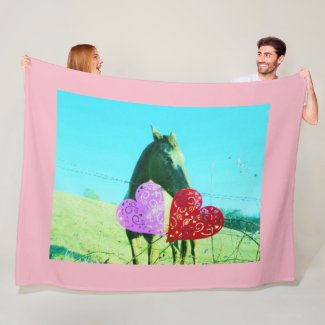 horse Valentine Hearts pink red Fleece Blanket