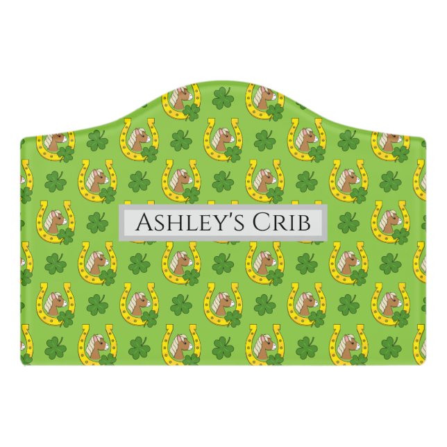 Horse w Golden Horse Shoe, Shamrock | Personalize Door Sign (Small Crest Front)