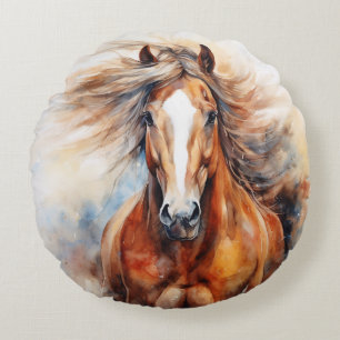 Horse Watercolor Brown and white Round Pillow