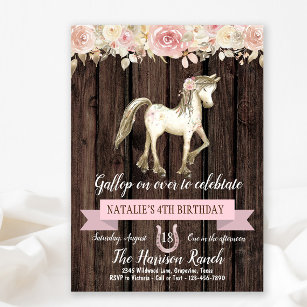 Horse Watercolor Flower Girl Pony Birthday Party Invitation