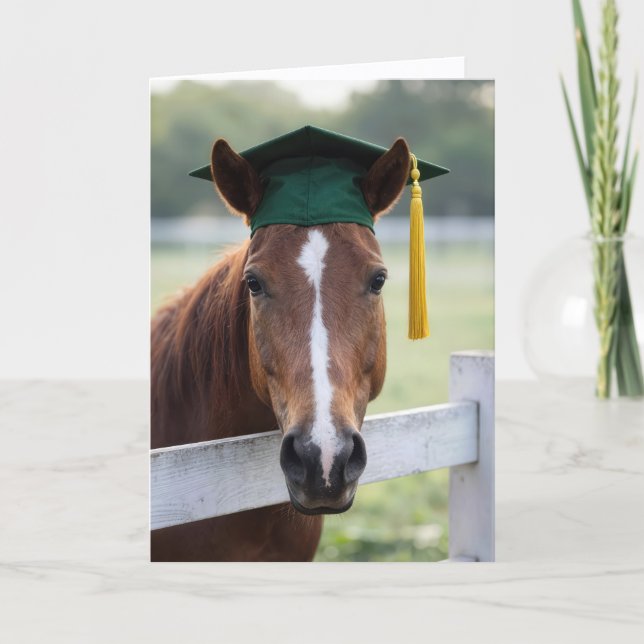 Horse Wearing a Green Graduation Cap Card (Front)