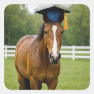Horse Wearing a Navy Blue Graduation Cap Square Sticker