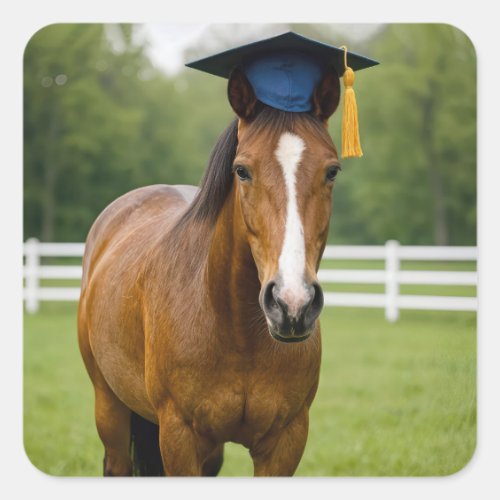 Horse Wearing a Navy Blue Graduation Cap Square Sticker