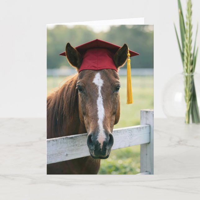 Horse Wearing a Red Graduation Cap Card (Front)