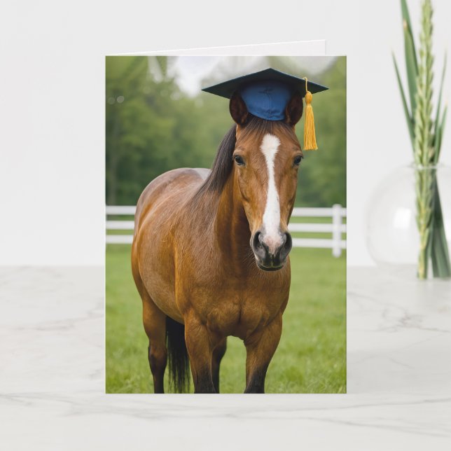 Horse Wearing Blue Graduation Cap Card (Front)