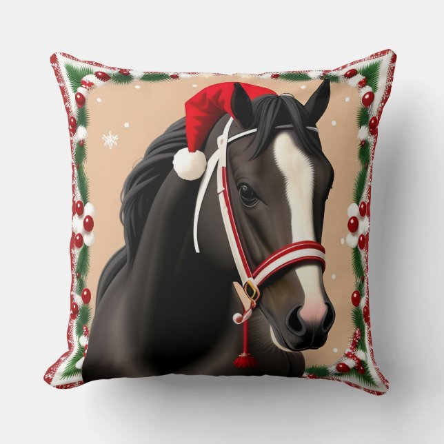 Horse Wearing Festive Santa Hat in Christmas Throw Pillow (Front)