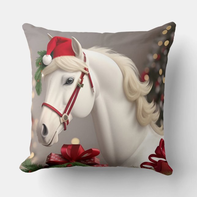 Horse Wearing Festive Santa Hat Throw Pillow (Front)