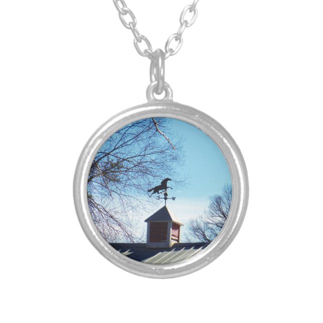 Horse Weather Vane Blue Sky Silver Plated Necklace (Front)