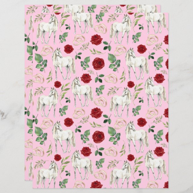 Horse Wedding Scrapbook Paper in Pink (Front/Back)