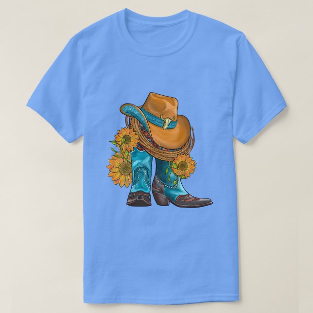 Horse Western Hat And Cowboy Boots With Sunflowers T-Shirt (Design Front)