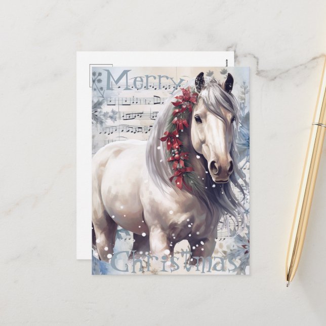 Horse Winter Christmas Watercolor Holiday Postcard (Front/Back In Situ)
