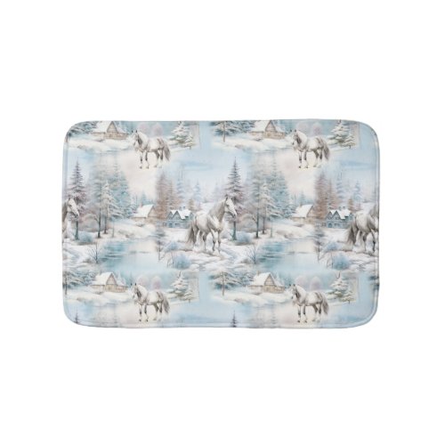 Horse winter pattern snowy forest scenery bath mat