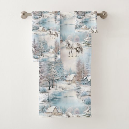 Horse winter pattern snowy forest scenery bath towel set