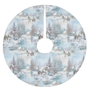 Horse winter pattern snowy forest scenery brushed polyester tree skirt