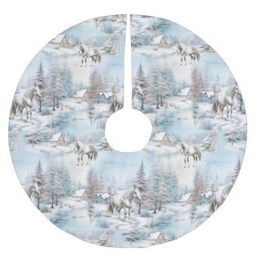 Horse winter pattern snowy forest scenery brushed polyester tree skirt