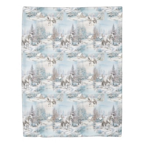 Horse winter pattern snowy forest scenery duvet cover