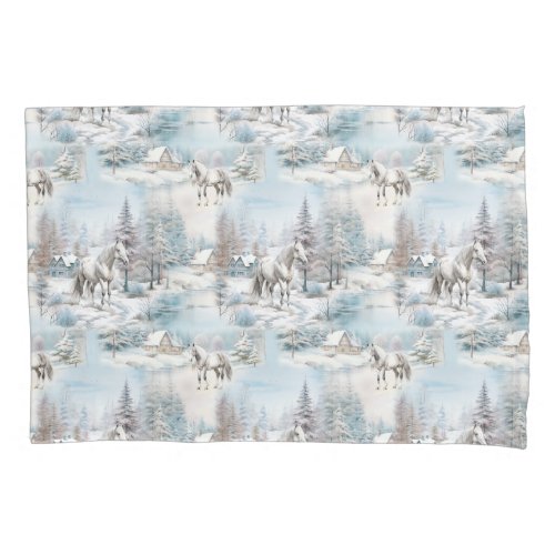 Horse winter pattern snowy forest scenery pillow case