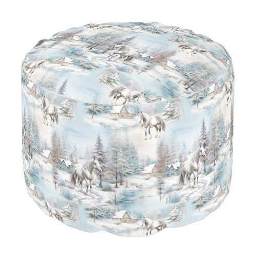 Horse winter pattern snowy forest scenery pouf