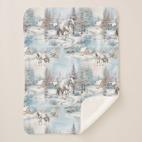 Horse winter pattern snowy forest scenery sherpa blanket