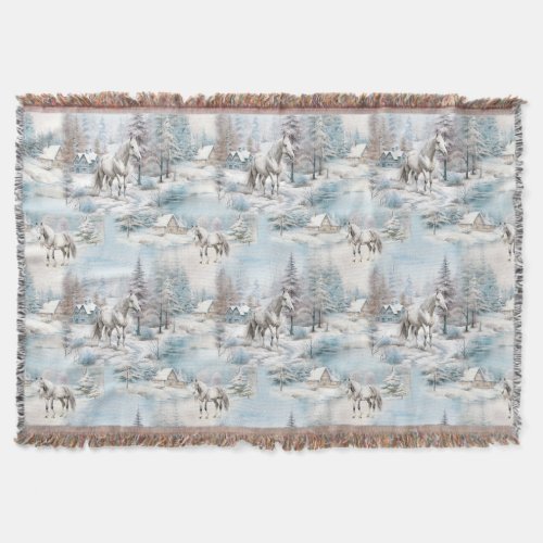 Horse winter pattern snowy forest scenery throw blanket