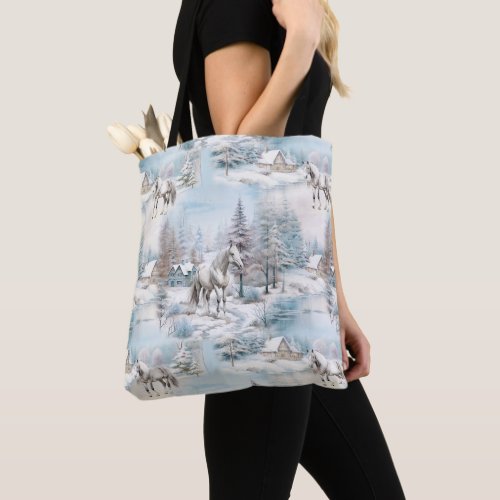Horse winter pattern snowy forest scenery tote bag