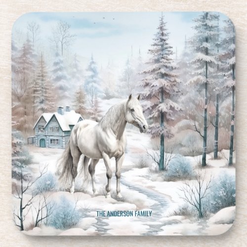 Horse winter scene snow forest Christmas Beverage Coaster
