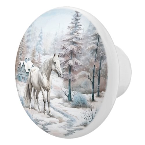 Horse winter scene snow forest Christmas Ceramic Knob