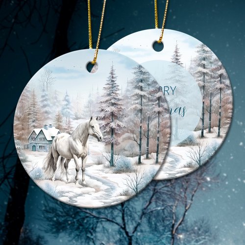 Horse winter scene snow forest Christmas Ceramic Ornament