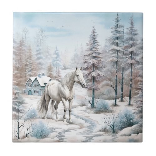 Horse winter scene snow forest Christmas Ceramic Tile
