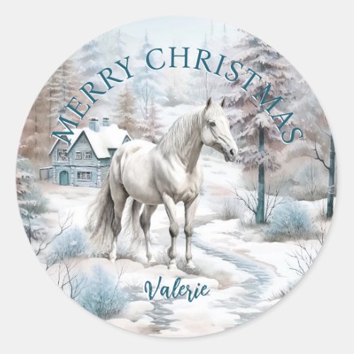 Horse winter scene snow forest Christmas Classic Round Sticker