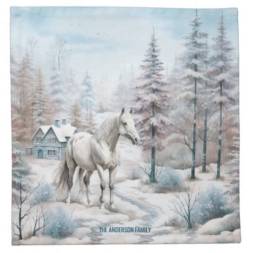 Horse winter scene snow forest Christmas Cloth Napkin