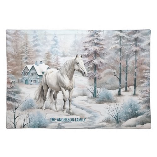Horse winter scene snow forest Christmas Cloth Placemat
