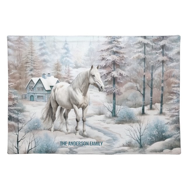 Horse winter scene snow forest Christmas Cloth Placemat (Front)