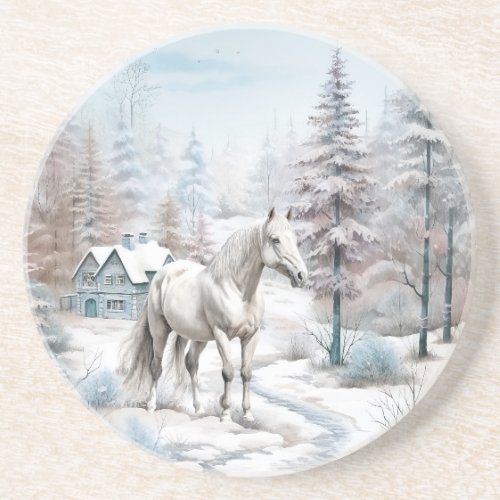 Horse winter scene snow forest Christmas Coaster
