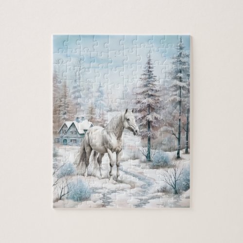 Horse winter scene snow forest Christmas Jigsaw Puzzle