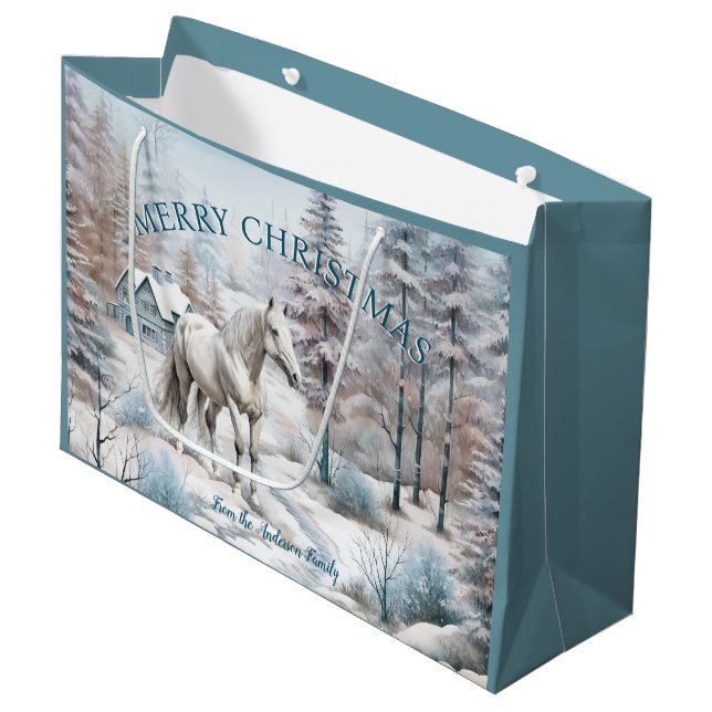 Horse winter scene snow forest Christmas Large Gift Bag (Front Angled)