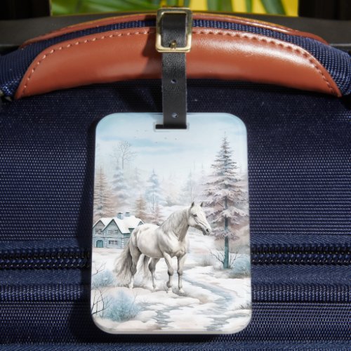 Horse winter scene snow forest Christmas Luggage Tag