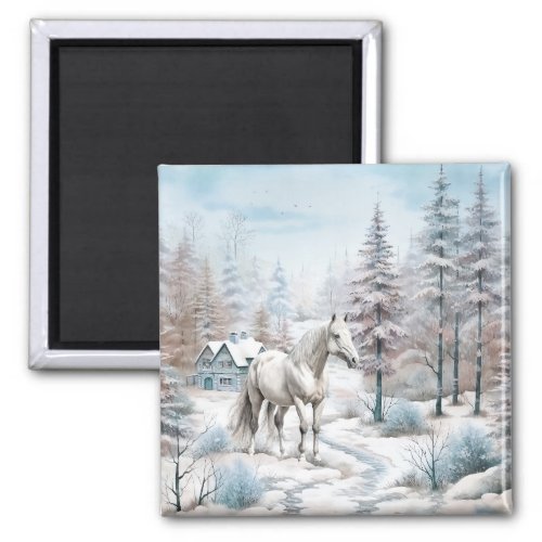 Horse winter scene snow forest Christmas Magnet