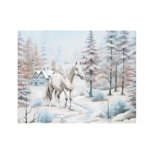 Horse winter scene snow forest Christmas Metal Print