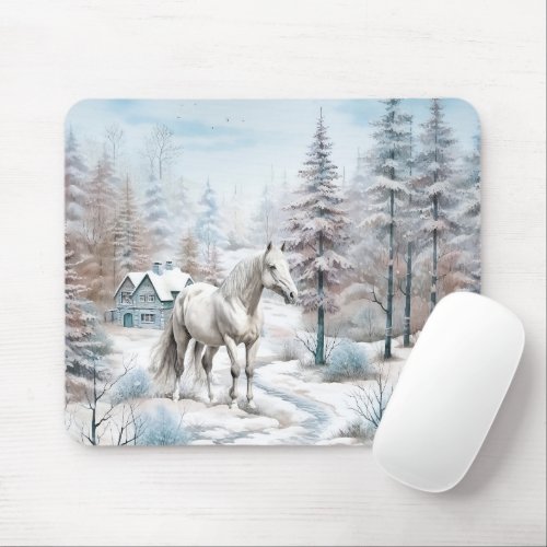 Horse winter scene snow forest Christmas Mouse Pad