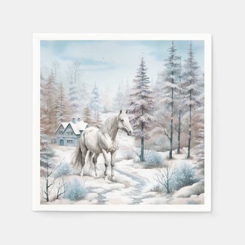 Horse winter scene snow forest Christmas Napkins